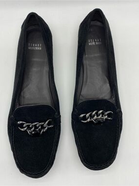 Stuart Weitzman Black Suede Chain-Trim Loafers